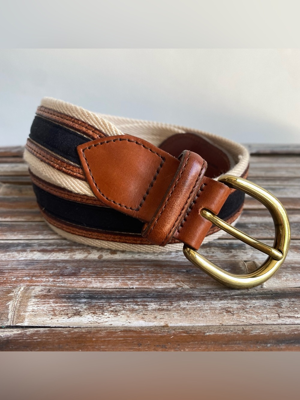 Bogner vintage canvas striped leather buckle belt preppy 80s casual coastal S